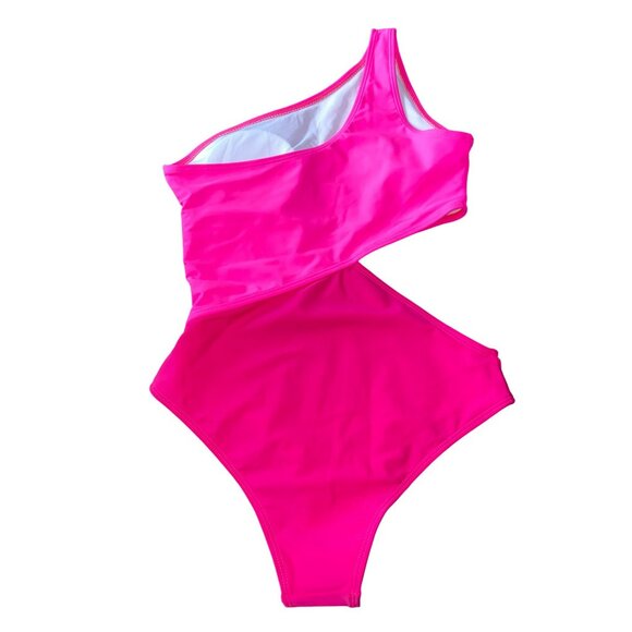 New One-Shoulder Cutout Hot Pink Swimsuit Medium - Picture 3 of 6